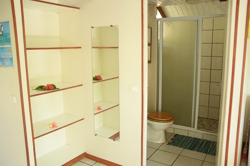 Intérieur d'un bungalow avec étagères, miroir, douche et toilettes, décoré de fleurs.