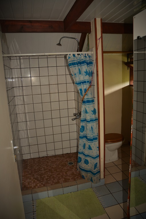 Salle de bain dans un bungalow, comprenant une douche avec rideau bleu et des carreaux blancs, un lavabo et des toilettes.